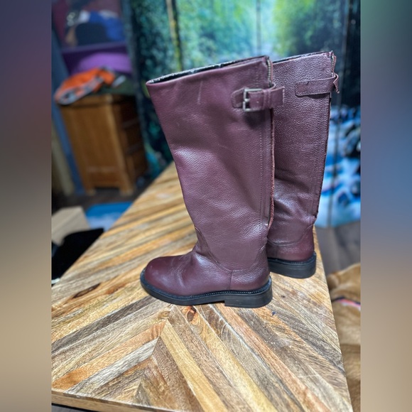 Zara Boots Tall Buckled Leather Burgundy Zip Up Tall Boots Sz 6 - Picture 3 of 5